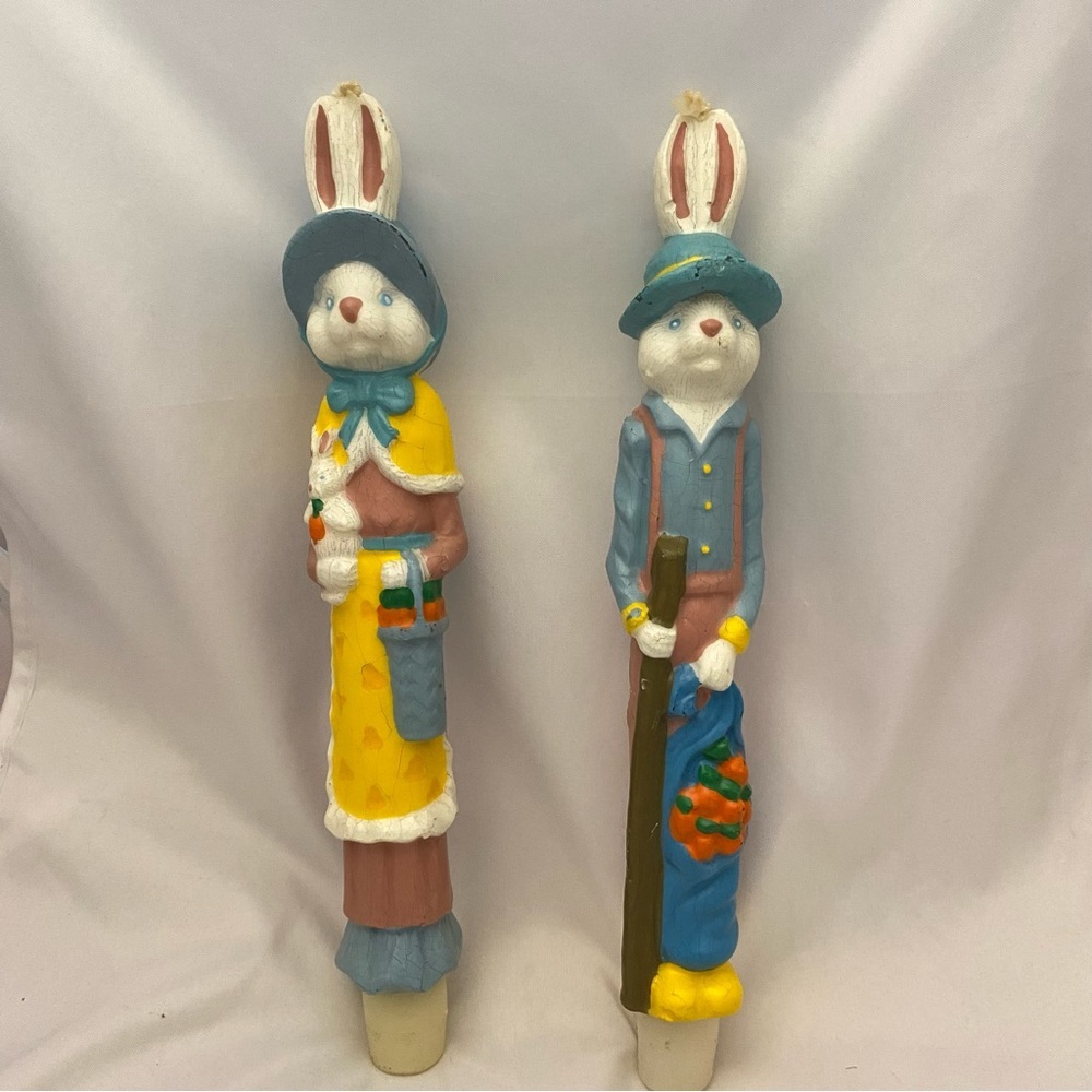 Easter Holiday Wax Taper Pair Of Candles 10” Elderly Bunnies/Rabbits - Vintage